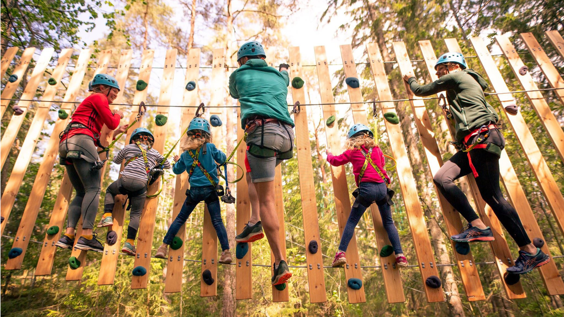 Barn och ungdomar klättar i en hinderbana bland trädtopparna