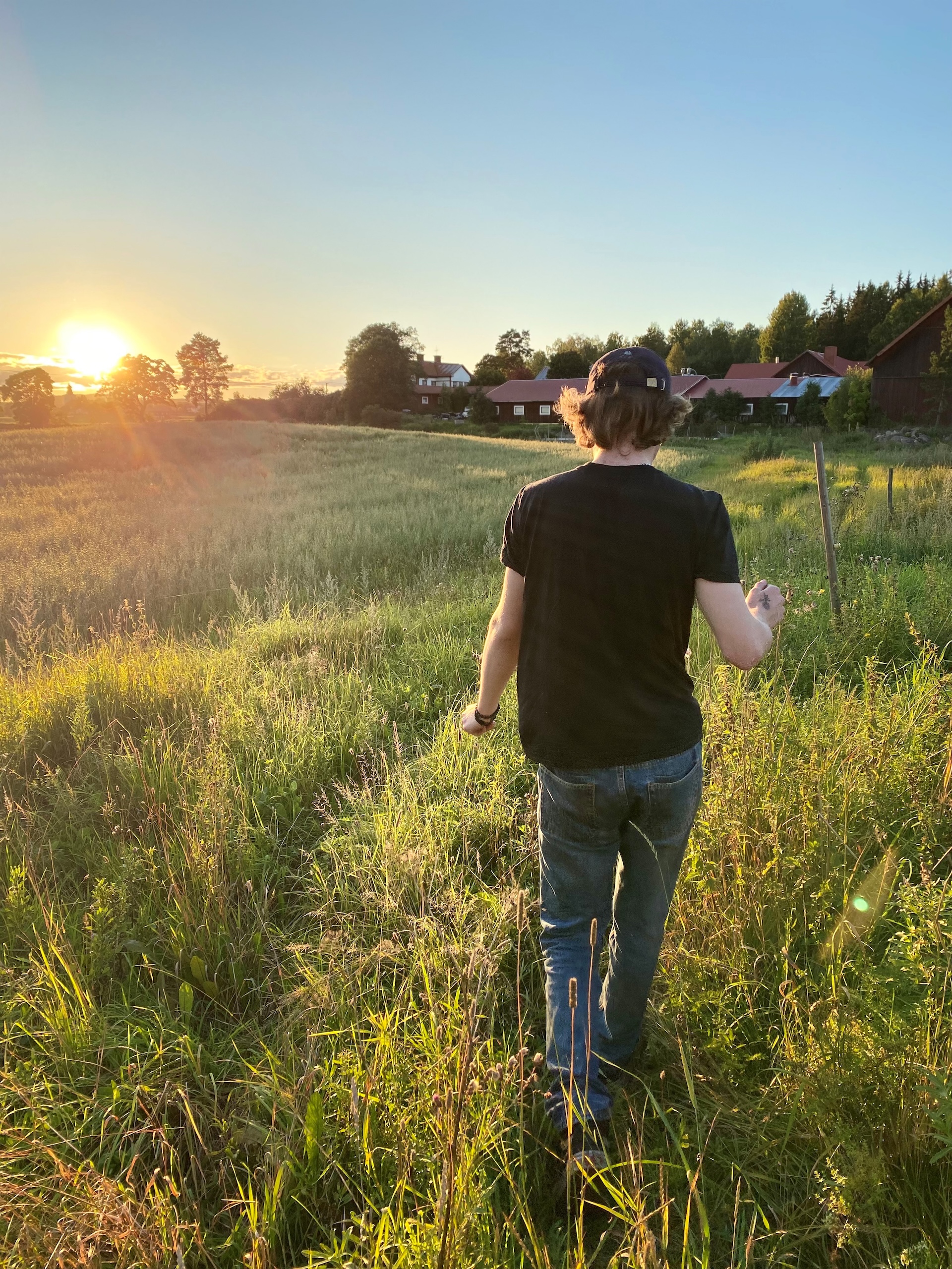 Man går på äng i solnedgång