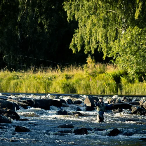 A person standing in streamy waters fishing