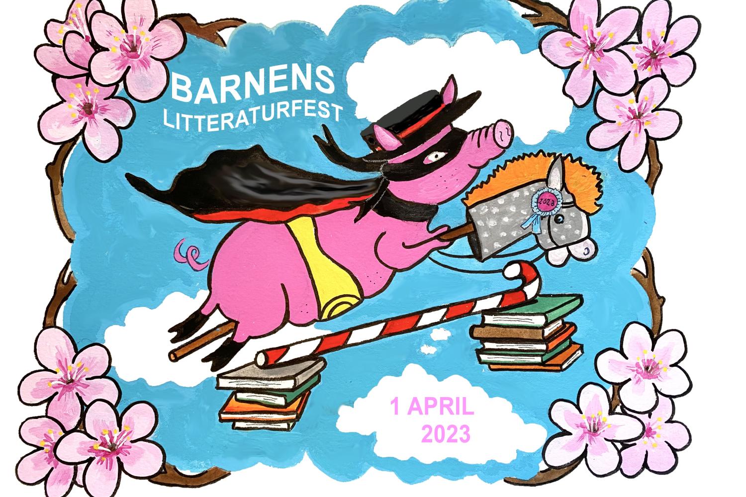 En rosa gris hoppar käpphäst över ett hinder med en polkagris och travar med böcker.