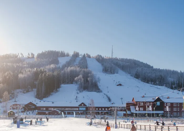Kungsberget backar, hus och skidåkare