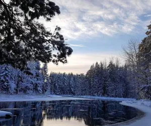 stilla älv i vinterlandskap