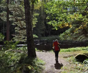 Person med barn på ryggen på väg ner till vattnet