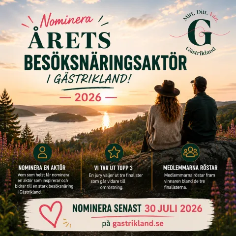 Två personer tittar ut över dal och sjö