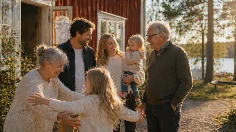 Människor över generationer hälsar på varandra utomhus