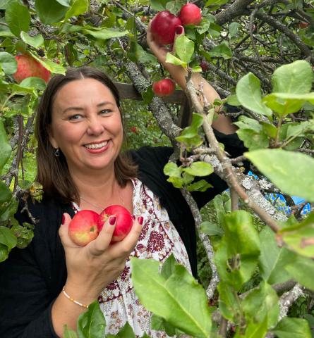 Linda Elverstig plockar röda äpplen från träd i grönt 