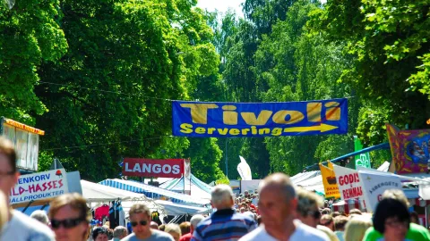 Massor av människor på en marknad omgiven av gröna träd en solig dag