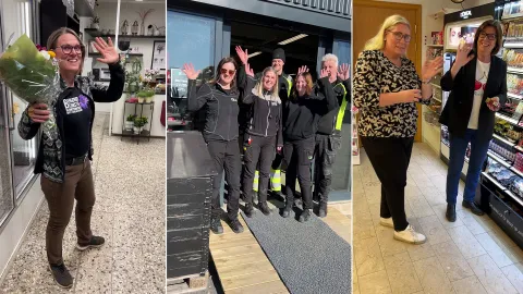 Glada personer vinkar mot kameran