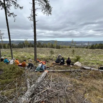 Personer vilar vid skogskanten