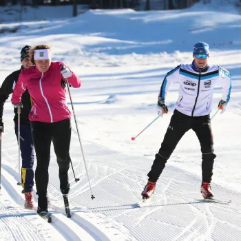Längdskidåkare i spår med full fart