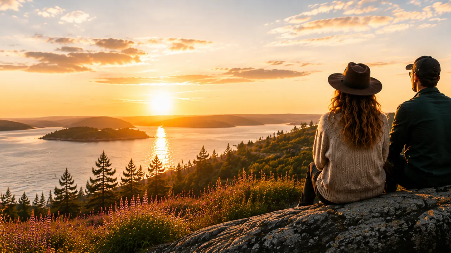 Två personer sitter på ett berg och blickar ut över vatten i motljus
