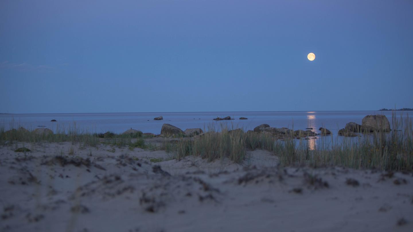 Full moon by the beach in northern Hälsingland.